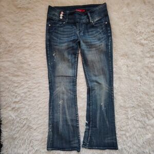 Vintage Y2K Low Rise Bootcut Jeans Denim Junior Sz 9 Distressed Whiskers Stretch